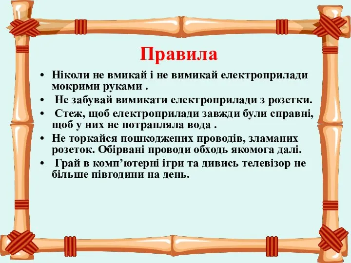 Ніколи не вмикай і не вимикай електроприлади мокрими руками .