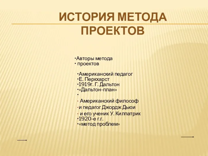 ИСТОРИЯ МЕТОДА ПРОЕКТОВ Авторы метода проектов Американский педагог Е. Перкхарст