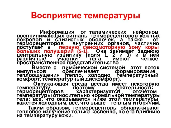 Восприятие температуры Информация от таламических нейронов, воспринимающих сигналы терморецепторов кожных