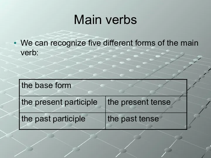 Main verbs We can recognize five different forms of the main verb: