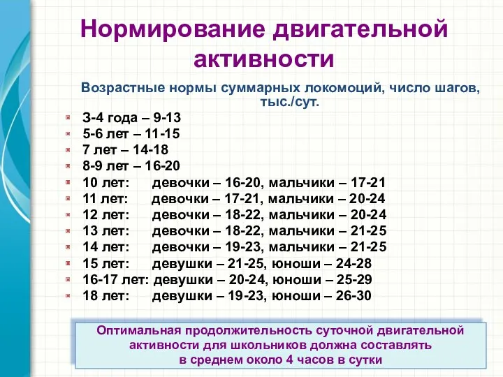 Нормирование двигательной активности Возрастные нормы суммарных локомоций, число шагов, тыс./сут.