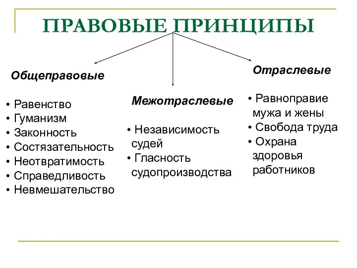 ПРАВОВЫЕ ПРИНЦИПЫ Межотраслевые Независимость судей Гласность судопроизводства Отраслевые Равноправие мужа и жены Свобода