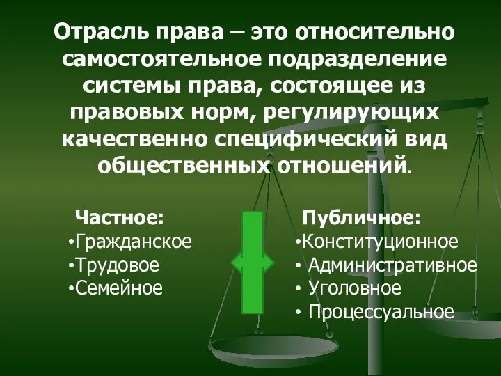 Отрасль права – это относительно самостоятельное подразделение системы права, состоящее