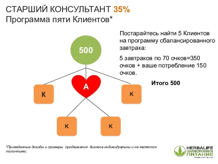 500 СТАРШИЙ КОНСУЛЬТАНТ 35% Программа пяти Клиентов* *Приведенные доходы и