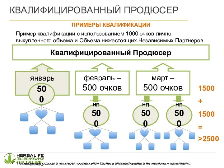 Пример квалификации с использованием 1000 очков лично выкупленного объема и