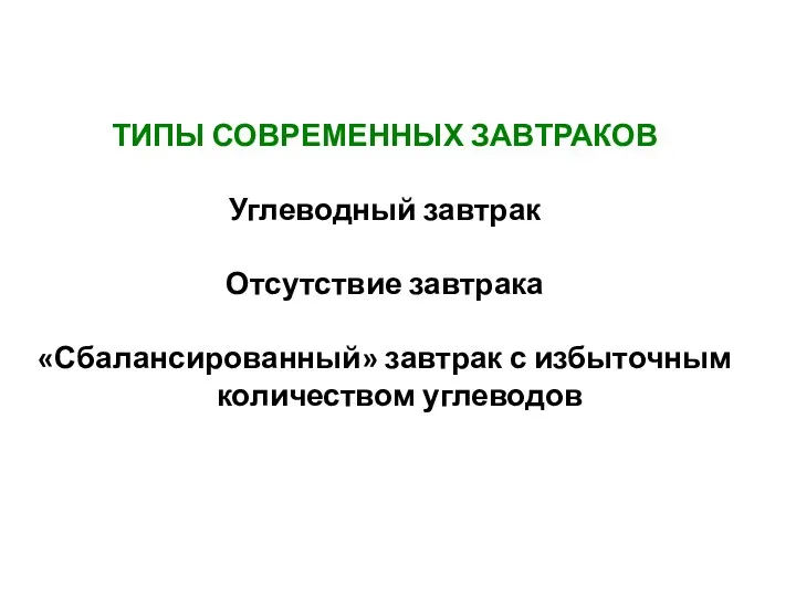 ТИПЫ СОВРЕМЕННЫХ ЗАВТРАКОВ Углеводный завтрак Отсутствие завтрака «Сбалансированный» завтрак с избыточным количеством углеводов