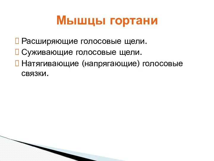 Расширяющие голосовые щели. Суживающие голосовые щели. Натягивающие (напрягающие) голосовые связки. Мышцы гортани