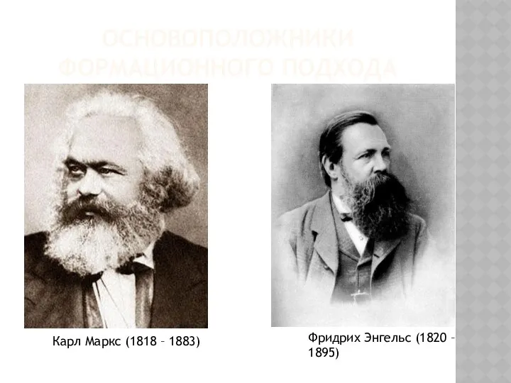 ОСНОВОПОЛОЖНИКИ ФОРМАЦИОННОГО ПОДХОДА Карл Маркс (1818 – 1883) Фридрих Энгельс (1820 – 1895)