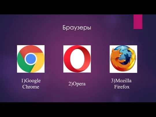 Браузеры 1)Google Chrome 2)Opera 3)Mozilla Firefox