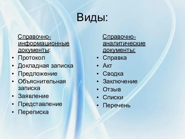 Виды: Справочно-информационные документы: Протокол Докладная записка Предложение Объяснительная записка Заявление