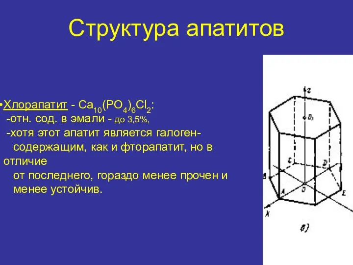 Структура апатитов Хлорапатит - Ca10(PO4)6Cl2: -отн. сод. в эмали -