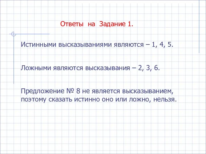 Ответы на Задание 1. Истинными высказываниями являются – 1, 4,