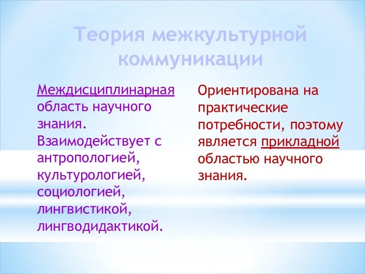 Теория межкультурной коммуникации Междисциплинарная область научного знания. Взаимодействует с антропологией,