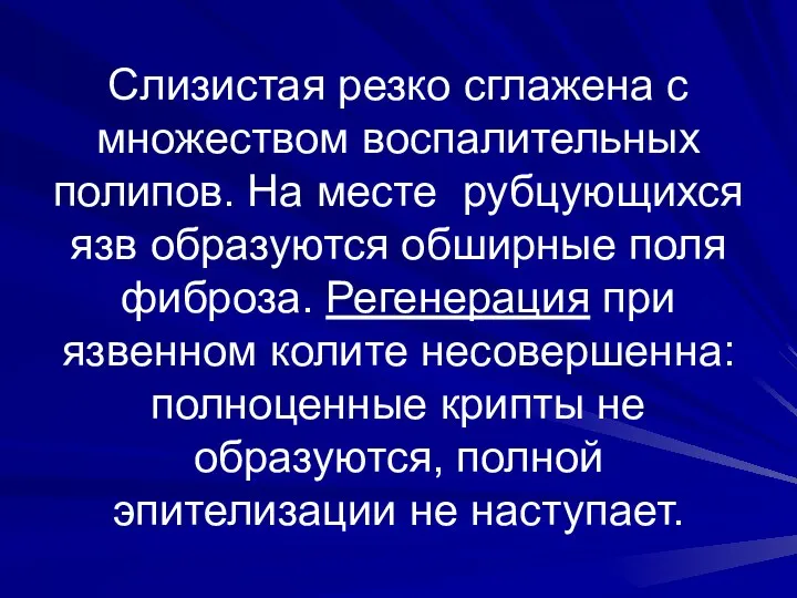 Слизистая резко сглажена с множеством воспалительных полипов. На месте рубцующихся