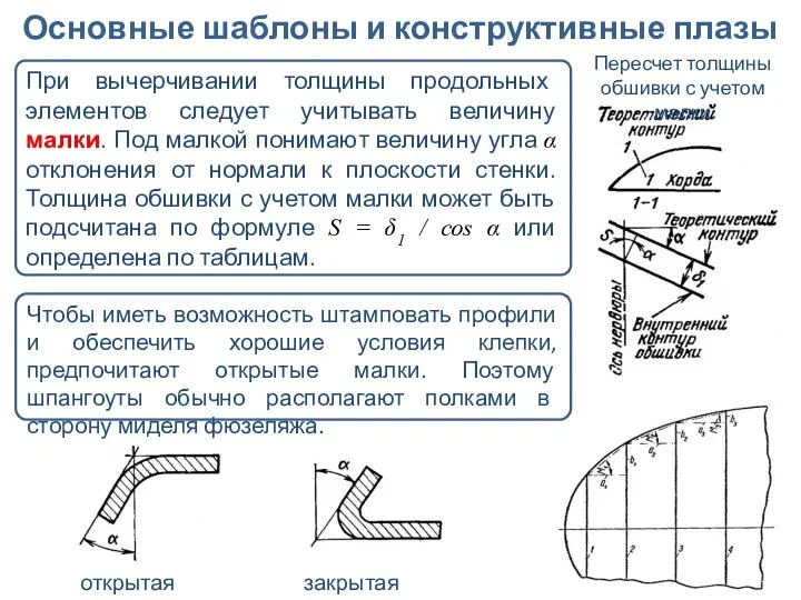 Основные шаблоны и конструктивные плазы При вычерчивании толщины продольных элементов следует учитывать величину