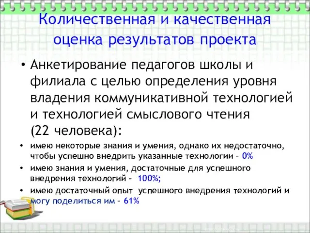 Количественная и качественная оценка результатов проекта Анкетирование педагогов школы и