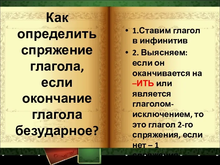 Как определить спряжение глагола, если окончание глагола безударное? 1.Ставим глагол