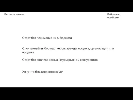 Бюджетирование Старт без понимания 90 % бюджета Работа над ошибками