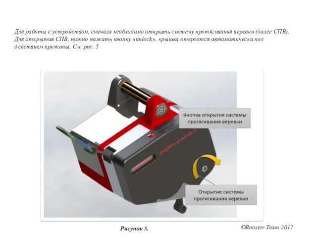 Для работы с устройством, сначала необходимо открыть систему протягивания веревки