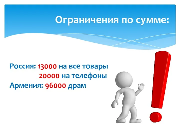 Россия: 13000 на все товары 20000 на телефоны Армения: 96000 драм Ограничения по сумме: