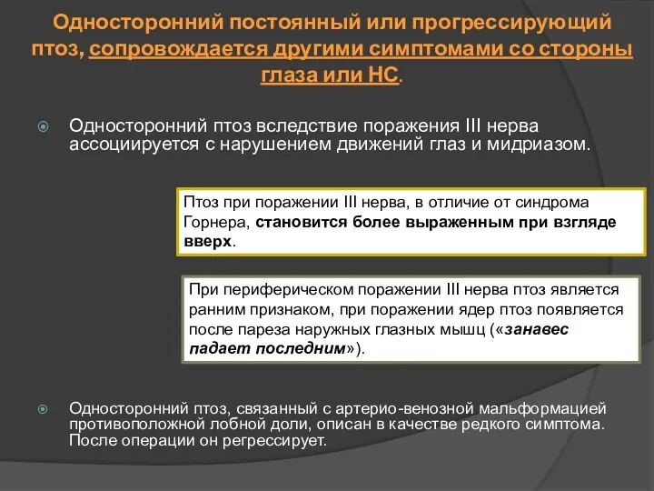 Односторонний постоянный или прогрессирующий птоз, сопровождается другими симптомами со стороны