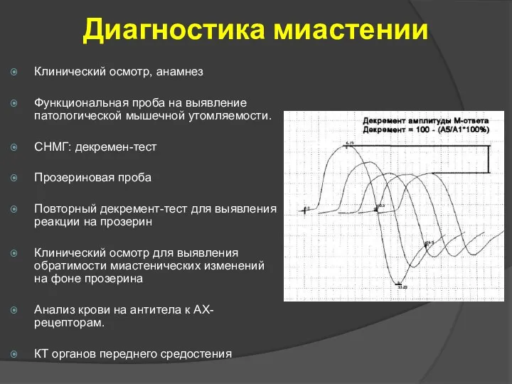 Диагностика миастении Клинический осмотр, анамнез Функциональная проба на выявление патологической