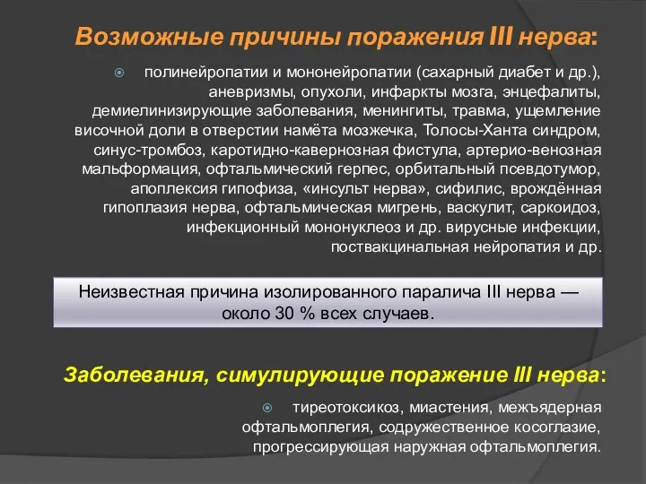 Возможные причины поражения III нерва: полинейропатии и мононейропатии (сахарный диабет