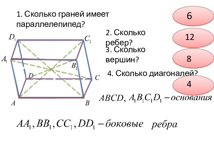 А В С D 1. Сколько граней имеет параллелепипед? 6