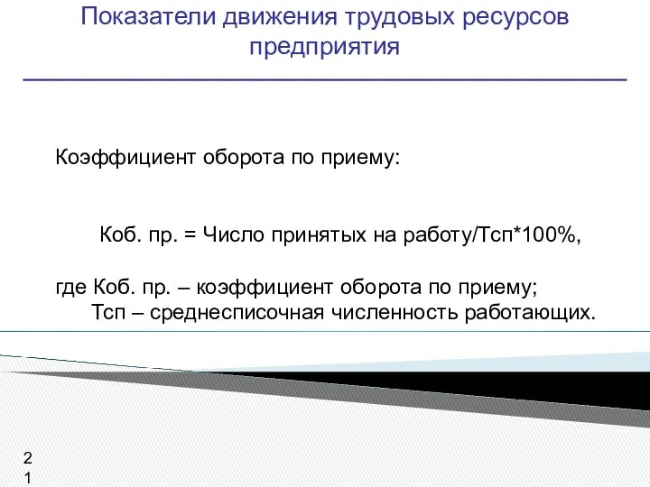 Показатели движения трудовых ресурсов предприятия Коэффициент оборота по приему: Коб.