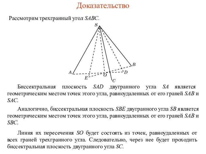 Доказательство Рассмотрим трехгранный угол SABC. Биссектральная плоскость SAD двугранного угла