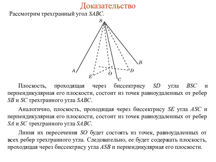 Доказательство Рассмотрим трехгранный угол SABC. Плоскость, проходящая через биссектрису SD