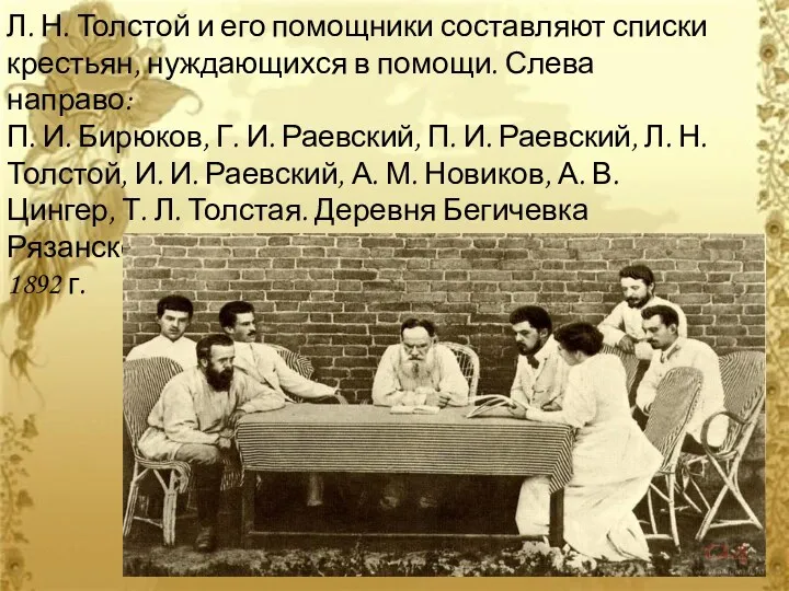 Л. Н. Толстой и его помощники составляют списки крестьян, нуждающихся