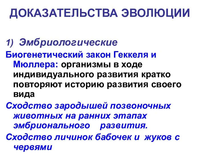 ДОКАЗАТЕЛЬСТВА ЭВОЛЮЦИИ 1) Эмбриологические Биогенетический закон Геккеля и Мюллера: организмы