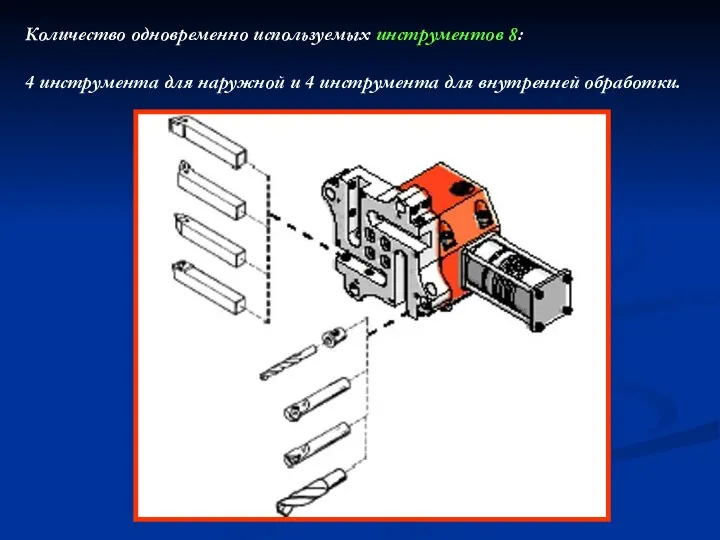 Количество одновременно используемых инструментов 8: 4 инструмента для наружной и 4 инструмента для внутренней обработки.