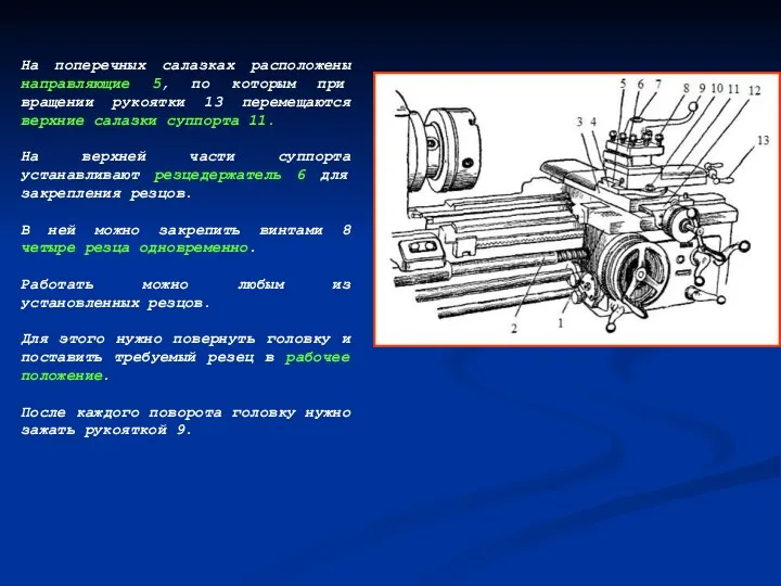 На поперечных салазках расположены направляющие 5, по которым при вращении рукоятки 13 перемещаются