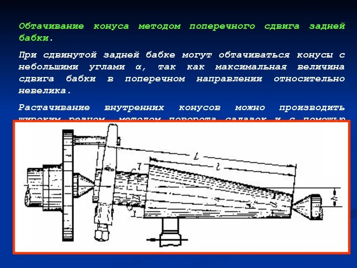 Обтачивание конуса методом поперечного сдвига задней бабки. При сдвинутой задней бабке могут обтачиваться