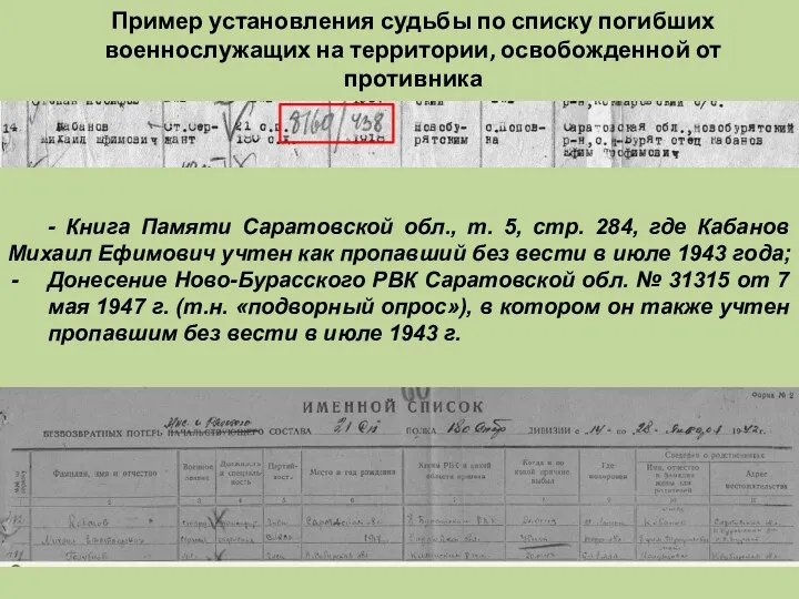 Пример установления судьбы по списку погибших военнослужащих на территории, освобожденной