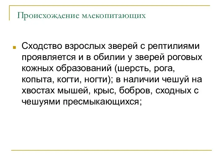 Происхождение млекопитающих Сходство взрослых зверей с рептилиями проявляется и в