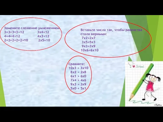 Замените сложение умножением 3+3+3+3=12 3х4=12 4+4+4=12 4х3=12 2+2+2+2+2=10 2х5=10 Вставьте