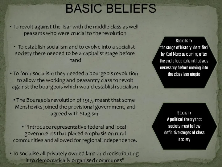 BASIC BELIEFS To revolt against the Tsar with the middle