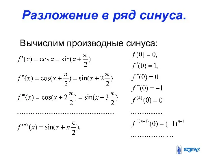 Разложение в ряд синуса. Вычислим производные синуса: