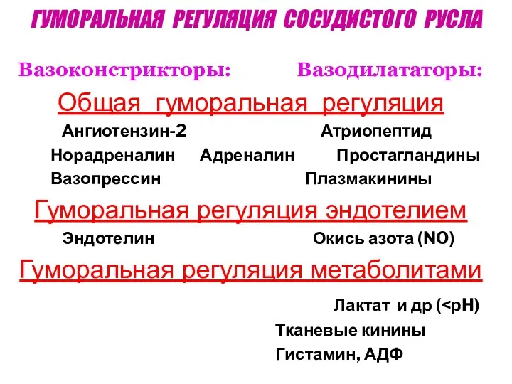 ГУМОРАЛЬНАЯ РЕГУЛЯЦИЯ СОСУДИСТОГО РУСЛА Вазоконстрикторы: Вазодилататоры: Общая гуморальная регуляция Ангиотензин-2 Атриопептид Норадреналин Адреналин