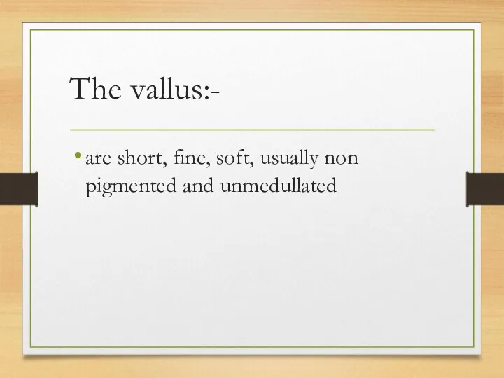 The vallus:- are short, fine, soft, usually non pigmented and unmedullated