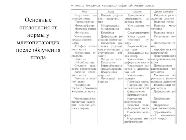 Основные отклонения от нормы у млекопитающих после облучения плода