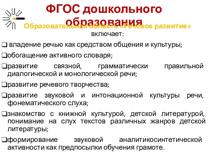 ФГОС дошкольного образования Образовательная область «Речевое развитие» включает: владение речью как средством общения