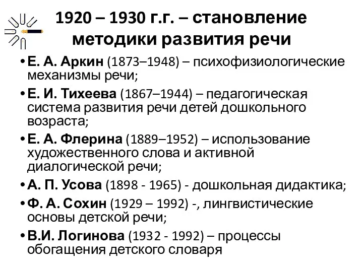 1920 – 1930 г.г. – становление методики развития речи Е. А. Аркин (1873–1948)