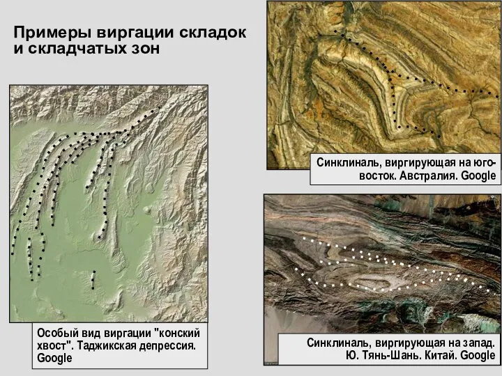 Синклиналь, виргирующая на запад. Ю. Тянь-Шань. Китай. Google Примеры виргации