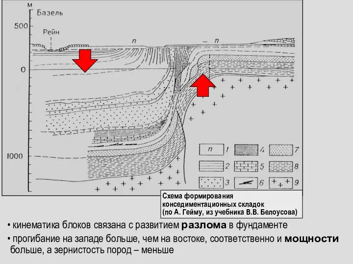 Схема формирования конседиментационных складок (по А. Гейму, из учебника В.В.