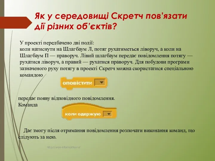 Як у середовищі Скретч пов'язати дії різних об’єктів? http://urok-informatiku.ru/ У