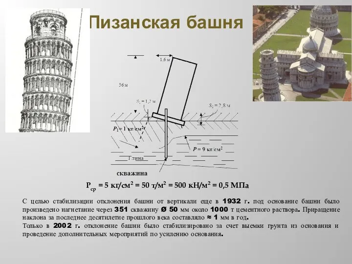 Пизанская башня С целью стабилизации отклонения башни от вертикали еще в 1932 г.